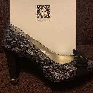 Anne Klein heels. Black lace, velvet heel with gold accents. 3.5” heel.